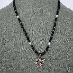 27" black Tulasi with pearls (Moon) and sterling silver 16 gm Navratna OM